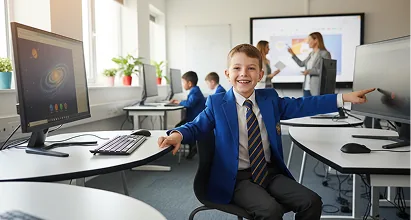 Student smiling at a desktop computer in a digital lab